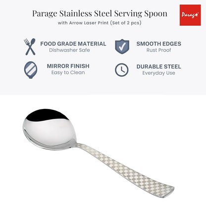 2 Pieces Stainless Steel Premium Serving Spoon Set, 21 cm, Silver, Checks Design