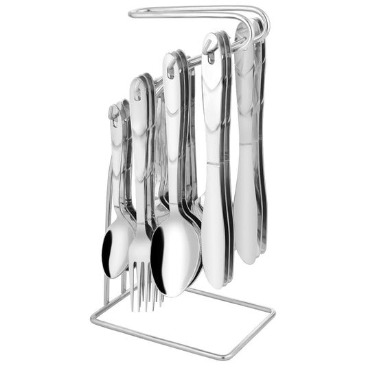 25 Pieces Creta Stainless Steel Cutlery Set for Home & Kitchen – Includes 6 Table Spoons, 6 Forks, 6 Tea Spoons, 6 Knives, 1 Stand, Stylish Spoon Set for Dining Table, Silver
