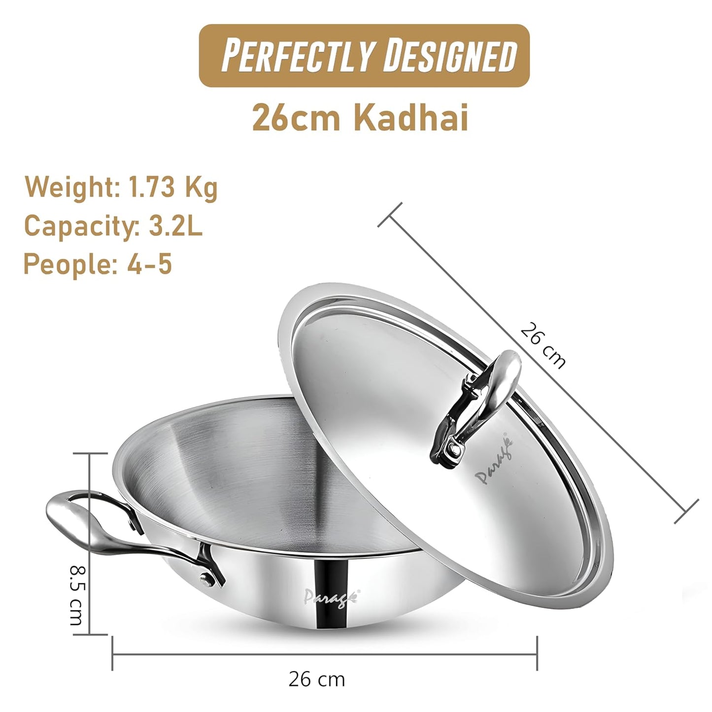 26 cm Stainless Steel Kadhai with Lid – 3.2 L Heavy Bottom Triply Steel Kadhai for Deep Frying & Cooking, Induction & Gas Compatible, 5-Year Warranty