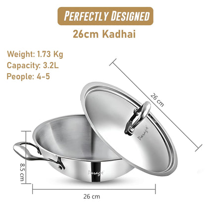 26 cm Stainless Steel Kadhai with Lid – 3.2 L Heavy Bottom Triply Steel Kadhai for Deep Frying & Cooking, Induction & Gas Compatible, 5-Year Warranty