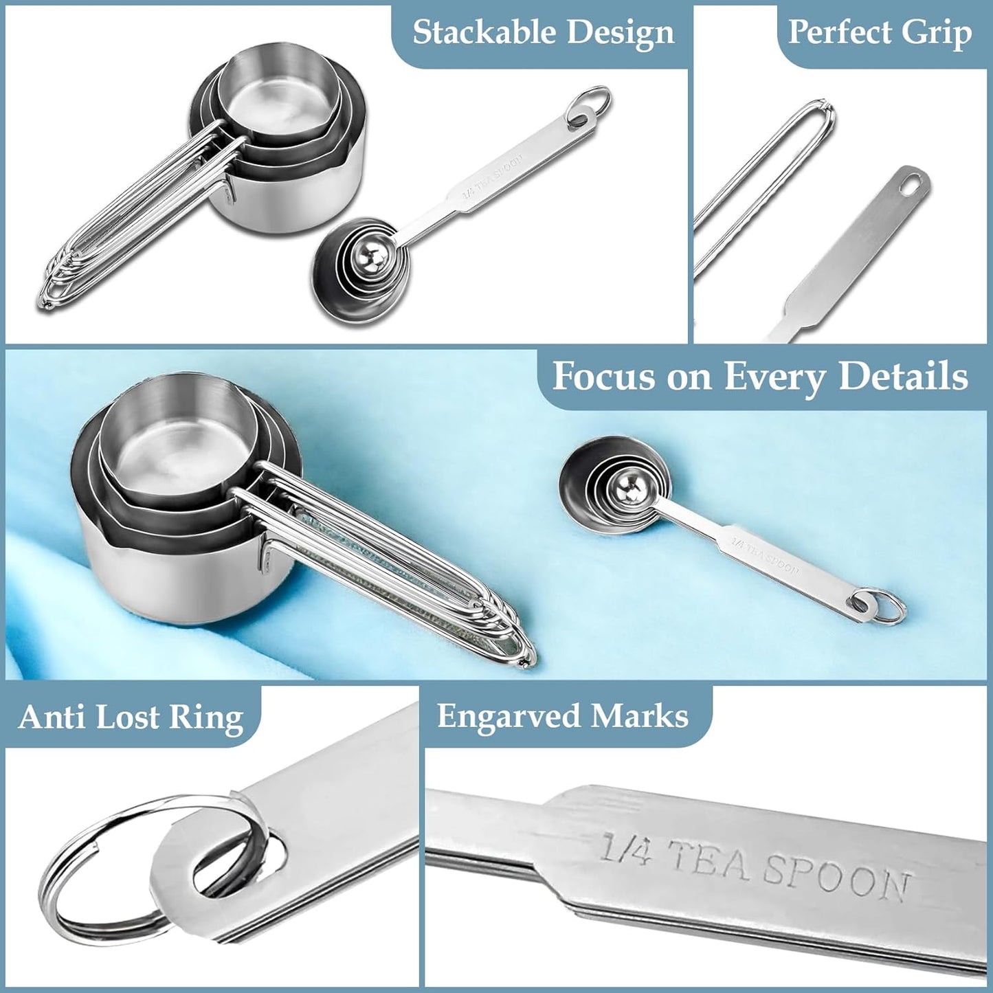 Stainless Steel Measuring Cups & Spoons Combo – 4 Cups & 4 Spoons, Stackable, Professional Kitchen Gadgets for Dry & Liquid Ingredients, Cooking & Baking