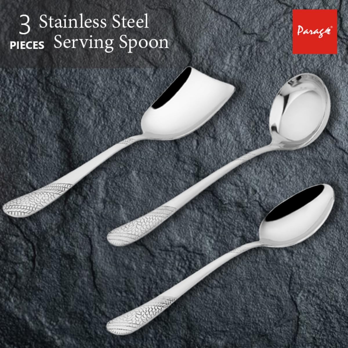 Stainless Steel Serving Spoon Set of 3 | Heavy Gauge Kitchen & Dining Spoons | Ladle, Solid & Rice Spoon, Silver
