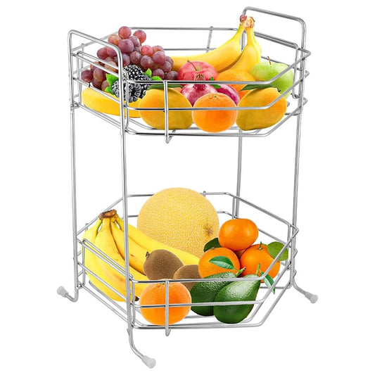 Stainless Steel 2 Tier Fruits and Vegetables Basket for Kitchen Storage, Rack Organizer for Home & Pantry, Chrome (Hexa)