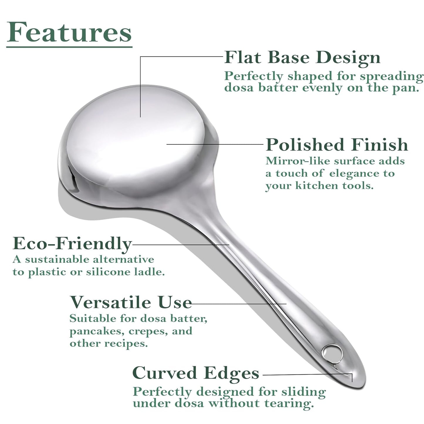 Stainless Steel Dosa Ladle, 20.5 cm Heavy Gauge – Flat Base Spatula & Spoodle Spoon for Cooking, Silver Finish