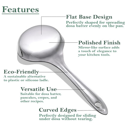 Stainless Steel Dosa Ladle, 20.5 cm Heavy Gauge – Flat Base Spatula & Spoodle Spoon for Cooking, Silver Finish