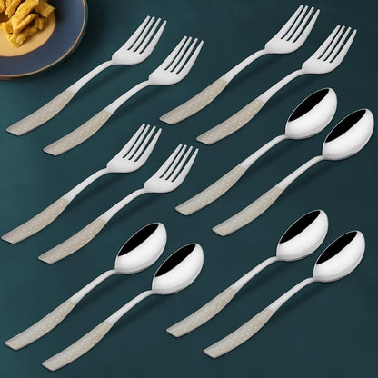 12 Pieces Stainless Steel Premium Cutlery Set for Home & Kitchen – Includes 6 Table Spoons & 6 Table Forks, Luxury Dining Tableware, Laser Chammach Set, Silver Dazzle Design
