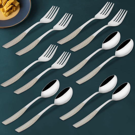 12 Pieces Stainless Steel Premium Cutlery Set for Home & Kitchen – Includes 6 Table Spoons & 6 Table Forks, Luxury Dining Tableware, Laser Chammach Set, Silver Dazzle Design
