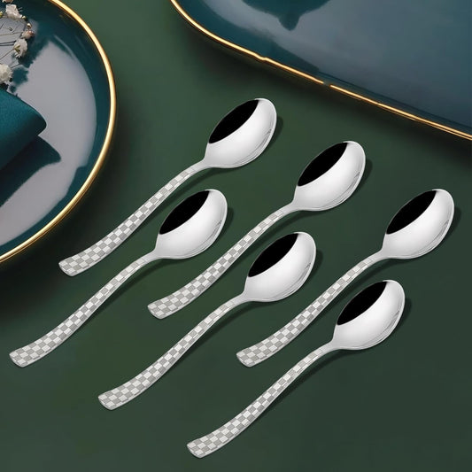 6 Pieces Stainless Steel Premium Tea Spoon Set, 14 cm, Silver, Checks Design