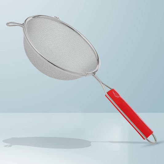 Stainless Steel Soup & Juice Strainer, 18.5 cm Kitchen Liquid Filter – Large Soup Chalni with Red Handle for Rice & Juice, Set of 1