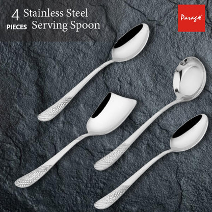 Stainless Steel Serving Spoon Set of 4 | Heavy Gauge Kitchen & Dining Spoons | Ladle, Solid & Rice Spoons, Silver