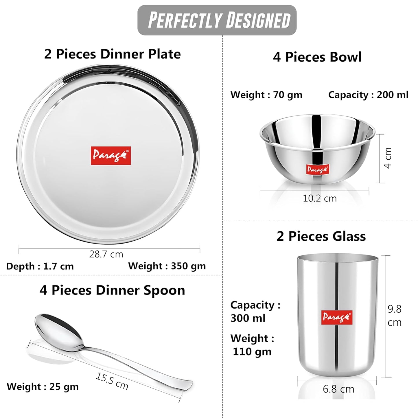 12pc Stainless Steel Dinner Set | Heavy Gauge Thali | Serves 2