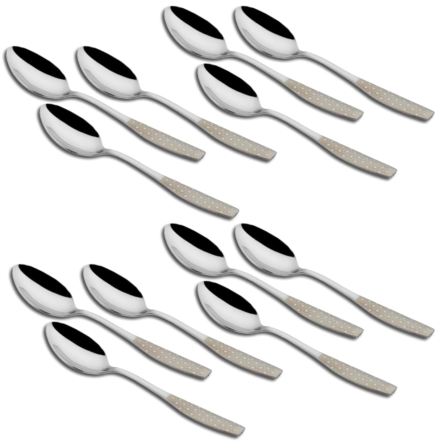 12 Pieces Stainless Steel Premium Dinner Spoon Set for Home & Kitchen – 16 cm Luxury Dining Tableware, Laser Chammach Set Gift, Silver with Dazzle Design