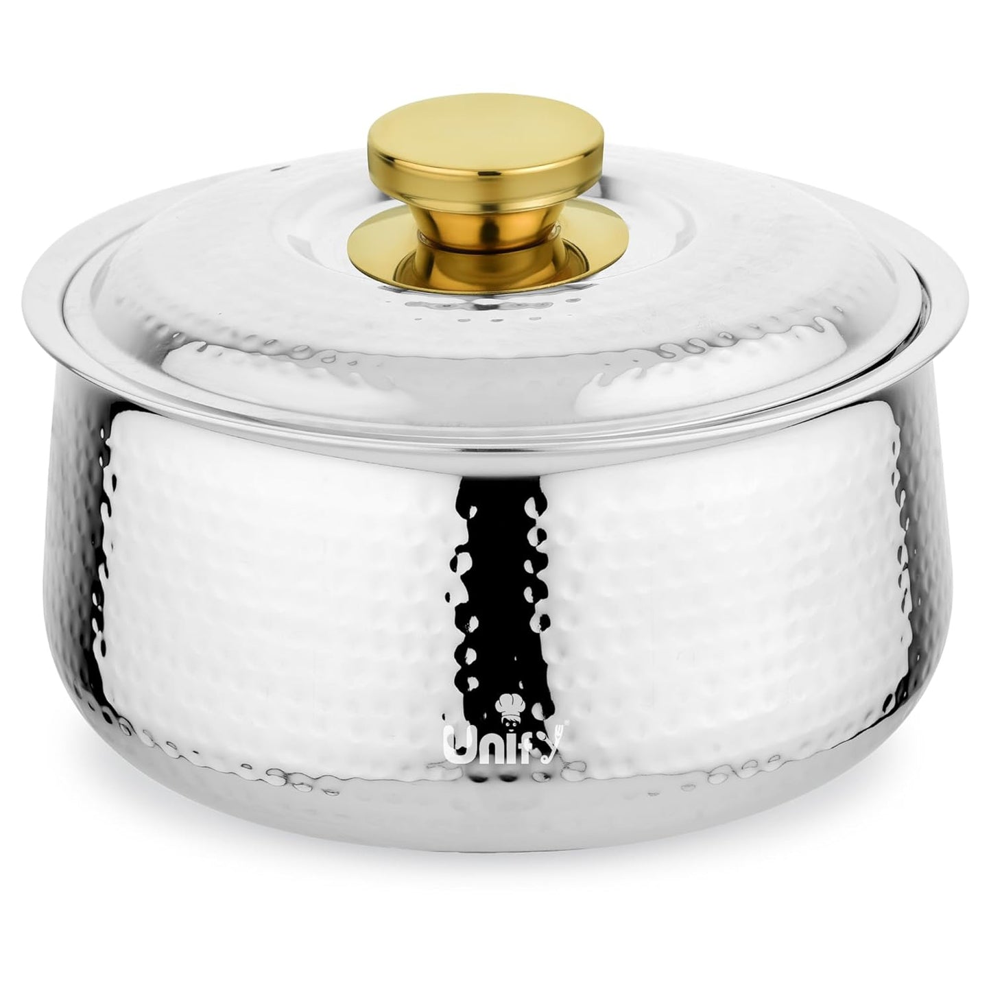 Inox Stainless Steel Insulated Casserole 3000ml | PVD Gold Handle Hot Pot | Hammered Finish, Silver