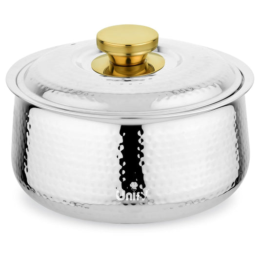 Inox Stainless Steel Insulated Casserole 1600ml | PVD Gold Handle Hot Pot | Hammered Finish, Silver
