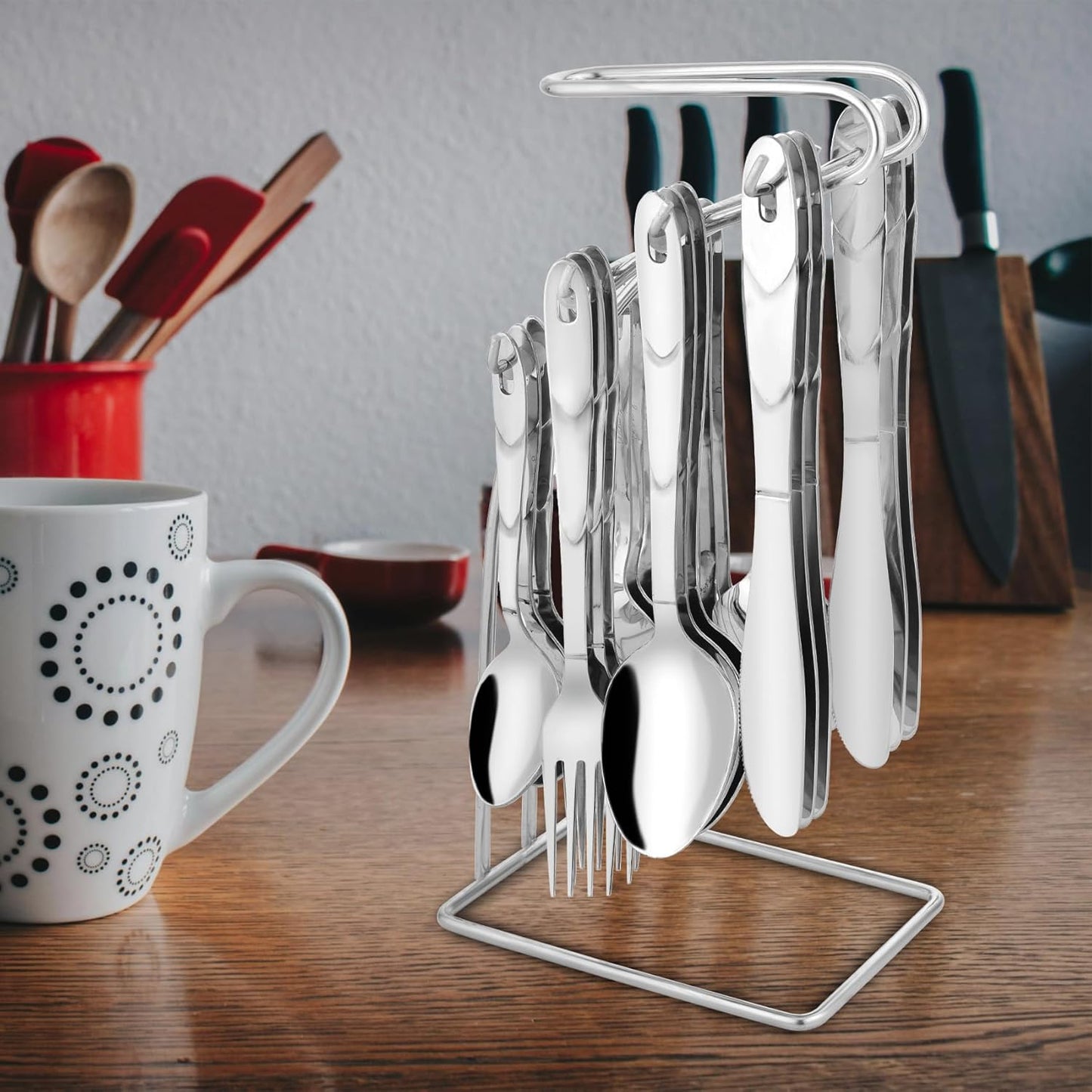 25 Pieces Creta Stainless Steel Cutlery Set for Home & Kitchen – Includes 6 Table Spoons, 6 Forks, 6 Tea Spoons, 6 Knives, 1 Stand, Stylish Spoon Set for Dining Table, Silver