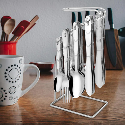 25 Pieces Creta Stainless Steel Cutlery Set for Home & Kitchen – Includes 6 Table Spoons, 6 Forks, 6 Tea Spoons, 6 Knives, 1 Stand, Stylish Spoon Set for Dining Table, Silver