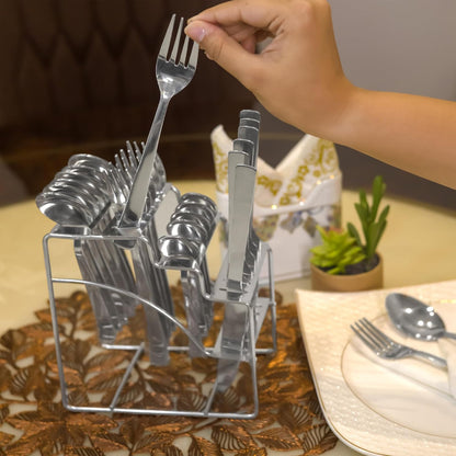 25-Piece Fantasy Stainless Steel Cutlery Set with Stand | Table Spoons, Tea Spoons, Forks & Knives, Silver