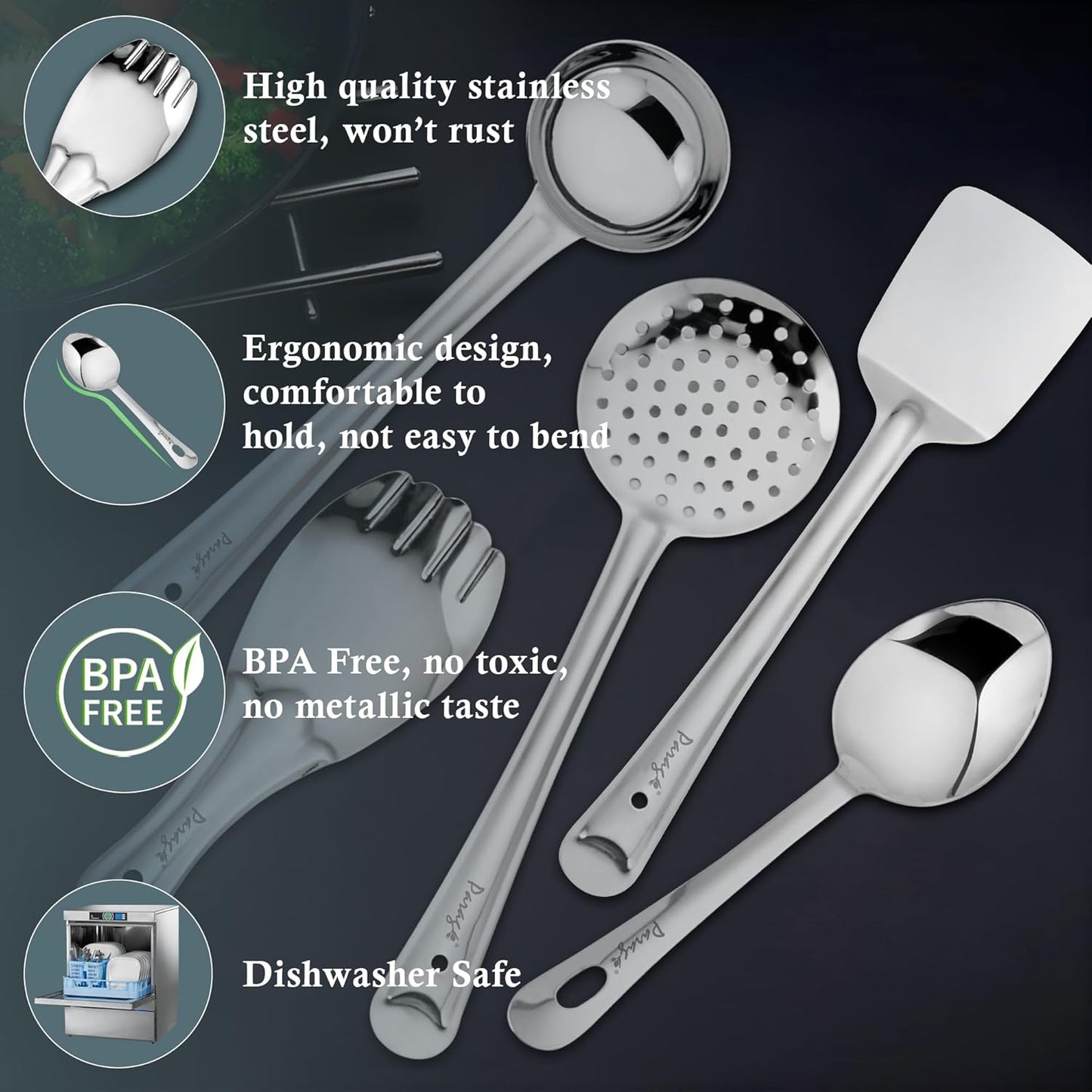5 Pieces Stainless Steel Kitchen Tools Set for Cooking & Serving – Includes Ladle, Skimmer, Turner, Basting Spoon, Rice Spoon, Silver Finish