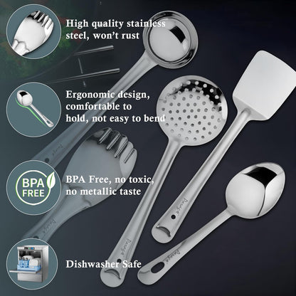 5 Pieces Stainless Steel Kitchen Tools Set for Cooking & Serving – Includes Ladle, Skimmer, Turner, Basting Spoon, Rice Spoon, Silver Finish