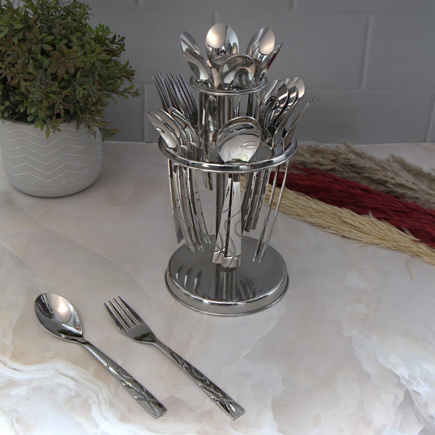 25pc Stainless Steel Beauty Cutlery | Spoons Forks Stand | Silver
