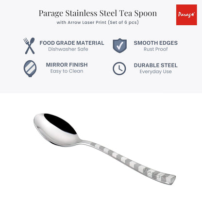 Stainless Steel Tea Spoon Set of 6 | Arrow Design Small Spoons for Home & Kitchen | 14 cm, Silver