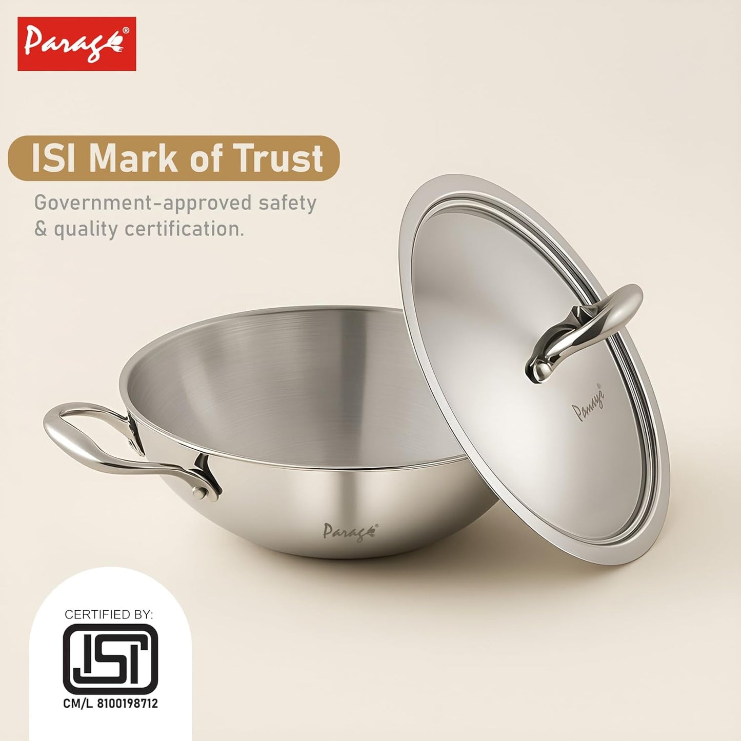 Tripure Triply Stainless Steel Kadai with Lid 26 cm, 3.2 Litre | Heavy Bottom Kadhai for Deep Frying & Cooking | Induction & Gas Stove Compatible (5 Years Warranty)