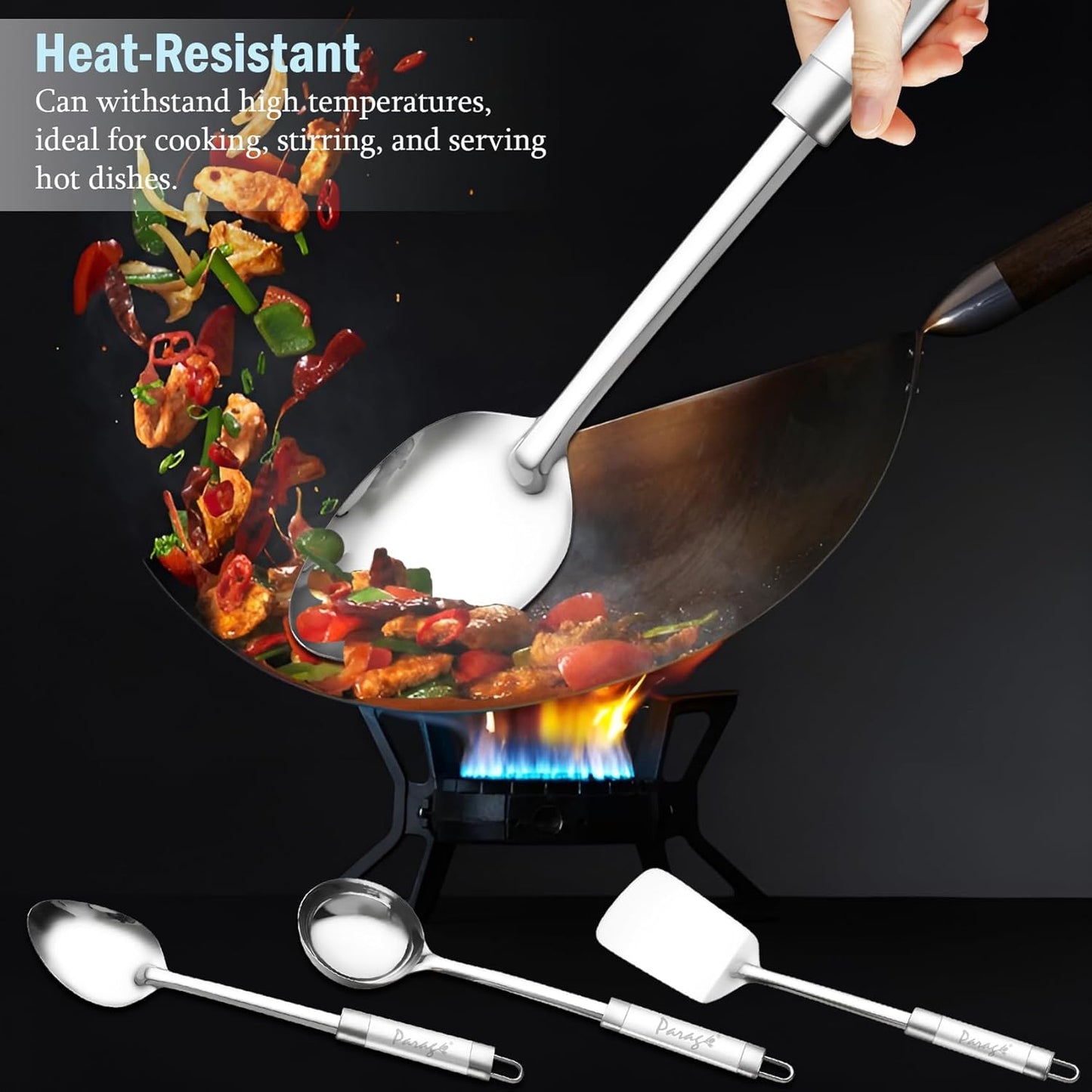 3 Pieces Stainless Steel Kitchen Tools for Cooking & Serving – Basting Spoon, Ladle, Turner with Dual Tone Handles, Silver Finish