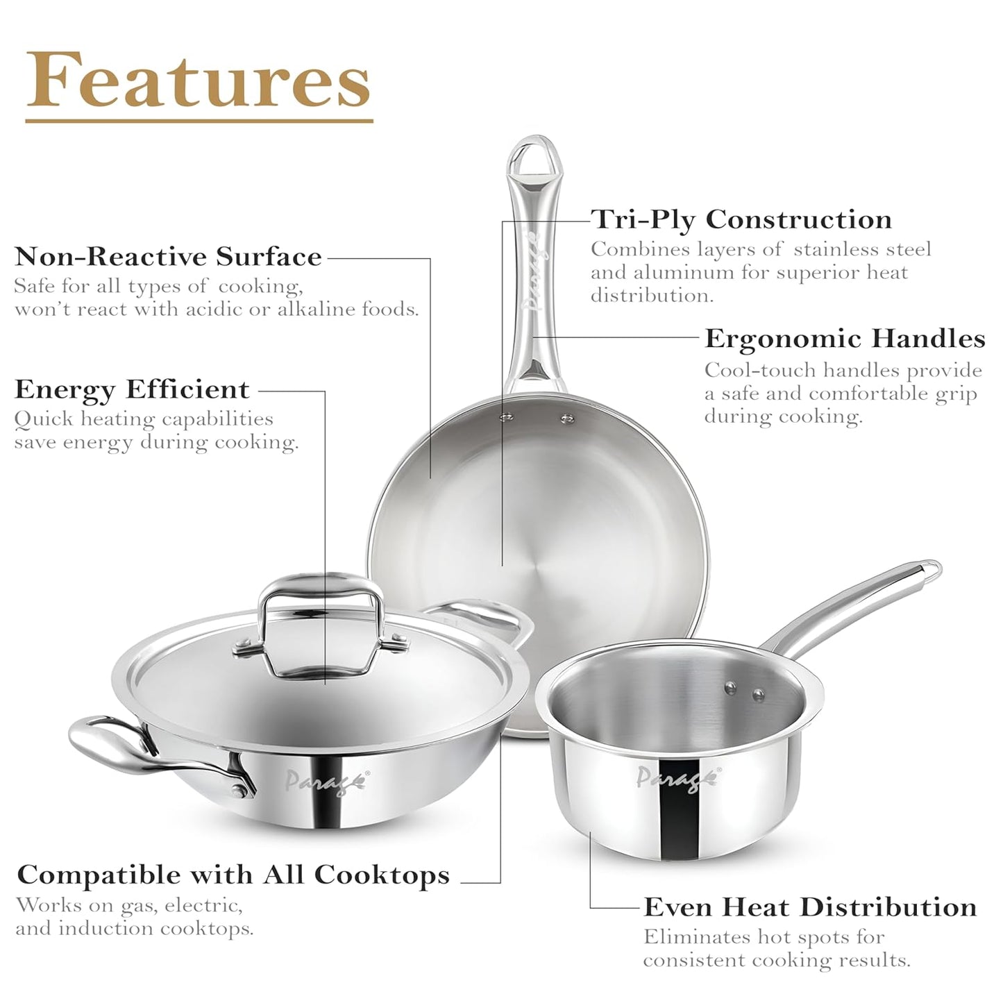 Stainless Steel Cookware Set – 24 cm Kadhai with Lid, 24 cm Frypan & 16 cm Saucepan, Induction & Gas Compatible, Even Heat, Dishwasher Safe, 5-Year Warranty