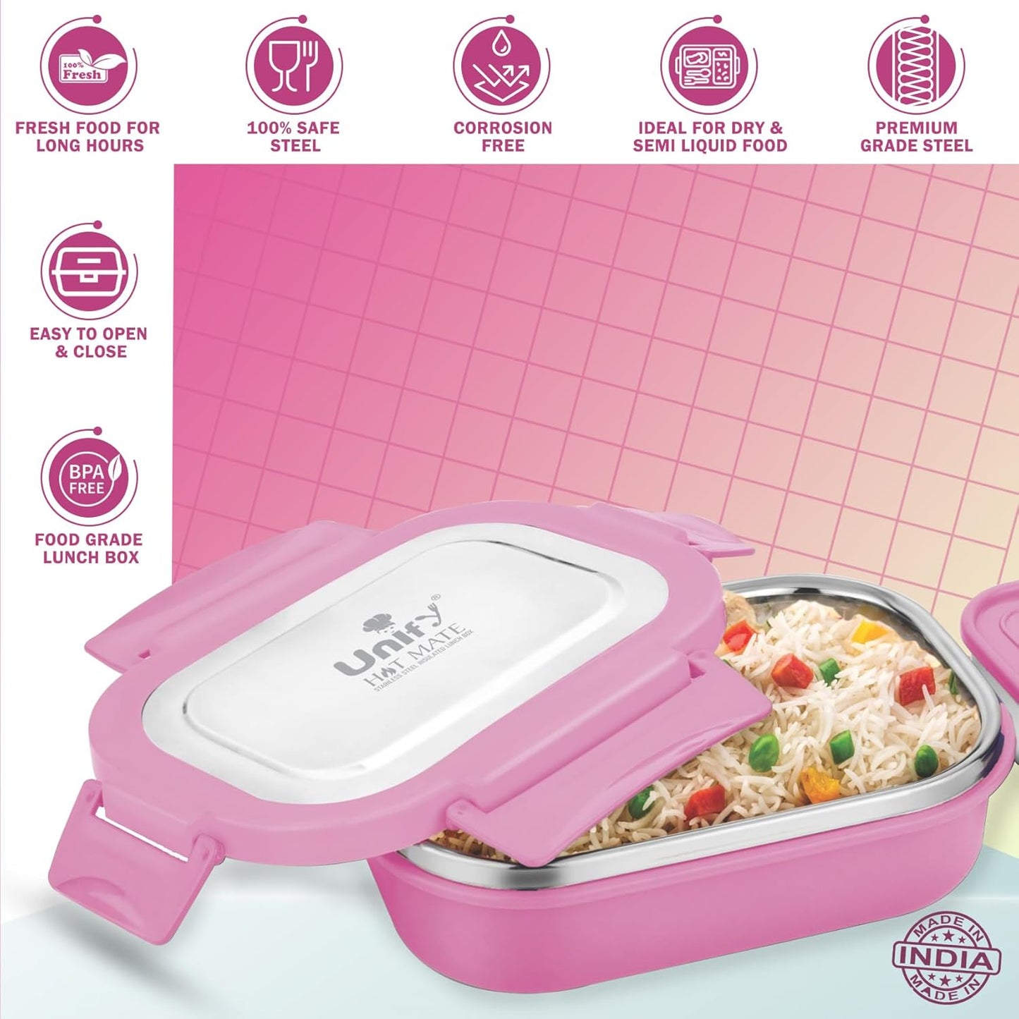 Stainless Steel Insulated Airtight Lunch Box with Unbreakable Lid, Leak-Proof Tiffin for Kids & Office (800 ml, Pink)