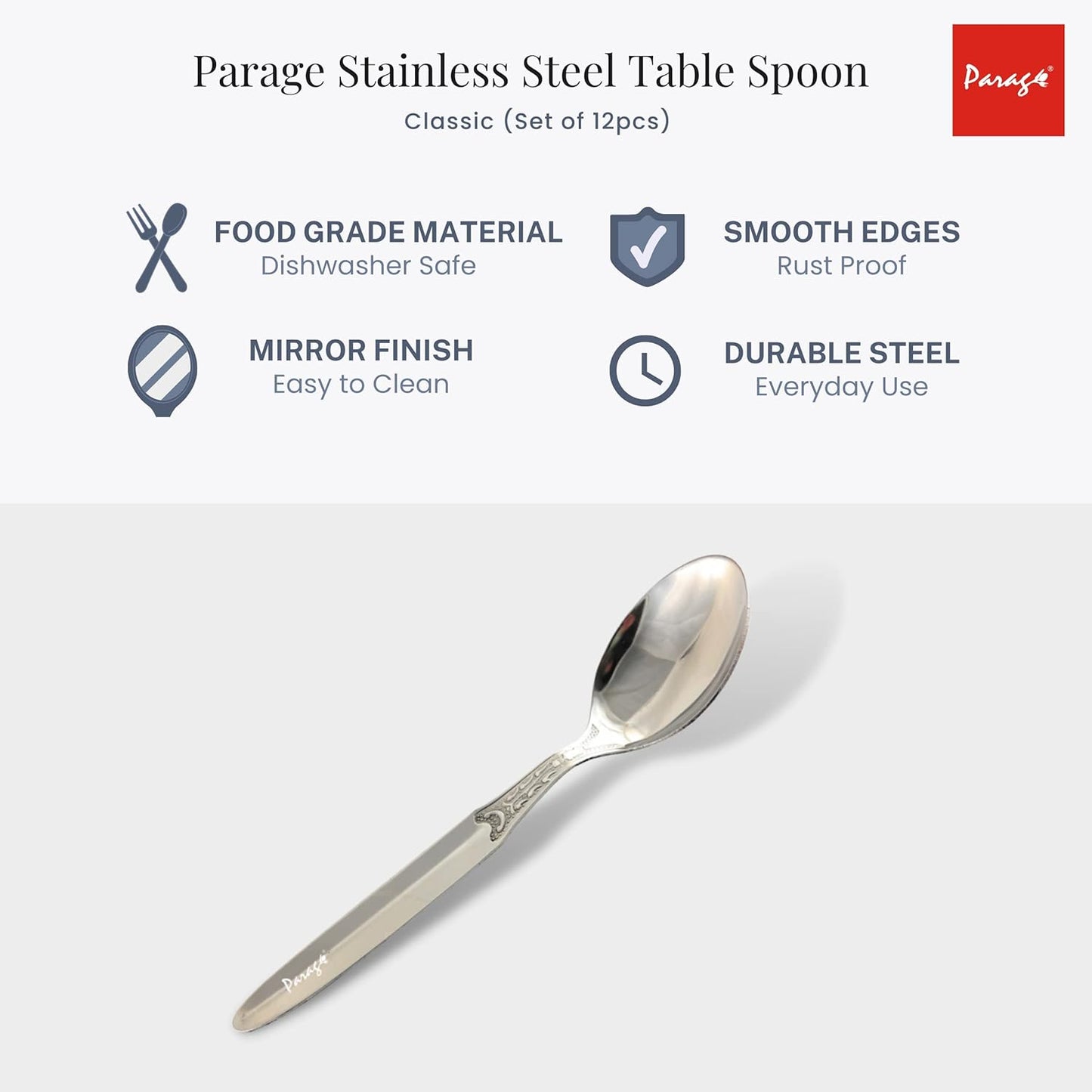 12 Pcs Stainless Steel Dinner Spoon Set | 15.5 cm Classic Table Spoons Silver