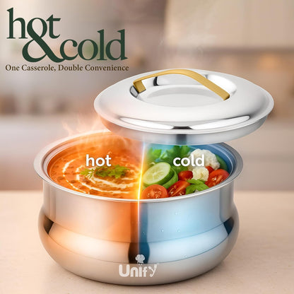 Lumia Stainless Steel Insulated Casserole 1600ml | 3-Layer Thermal Hot Pot | Mirror Finish, Premium Serveware