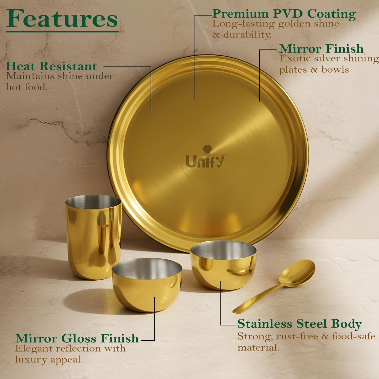 Stainless Steel PVD Gold Plated Thali Set | Premium Dinner Plate with Bowls, Spoon & Glass | Royal Gold Dinnerware for Home, Restaurant & Festive Gifting | Food Grade & Rust Proof