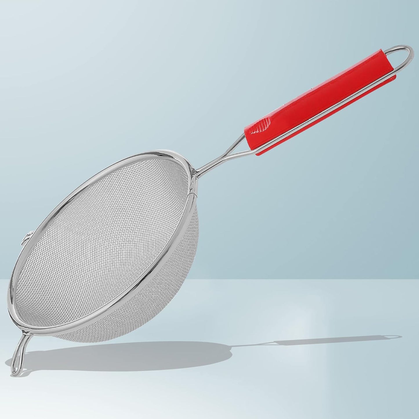 Stainless Steel Soup & Juice Strainer, 16 cm Kitchen Liquid Filter – Large Soup Chalni with Red Handle for Rice & Juice, Set of 1