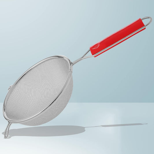 Stainless Steel Soup & Juice Strainer, 16 cm Kitchen Liquid Filter – Large Soup Chalni with Red Handle for Rice & Juice, Set of 1