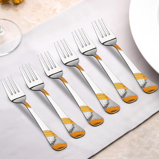 6 Pieces Stainless Steel 24K Golden Dinner Forks, 16 cm Premium Cutlery with Imperial Design – Luxury Tableware for Home & Kitchen