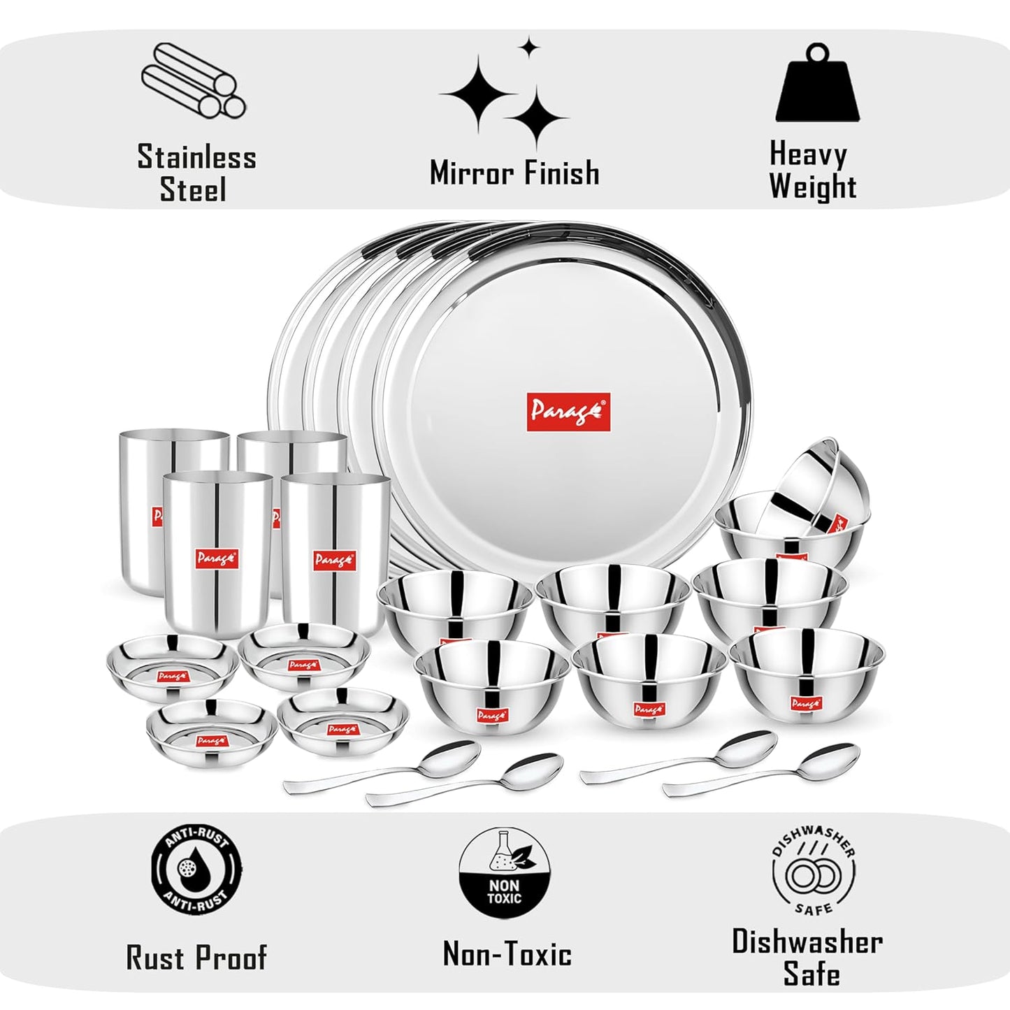 24pc Stainless Steel Dinner Set | Plates Bowls Glasses | Silver