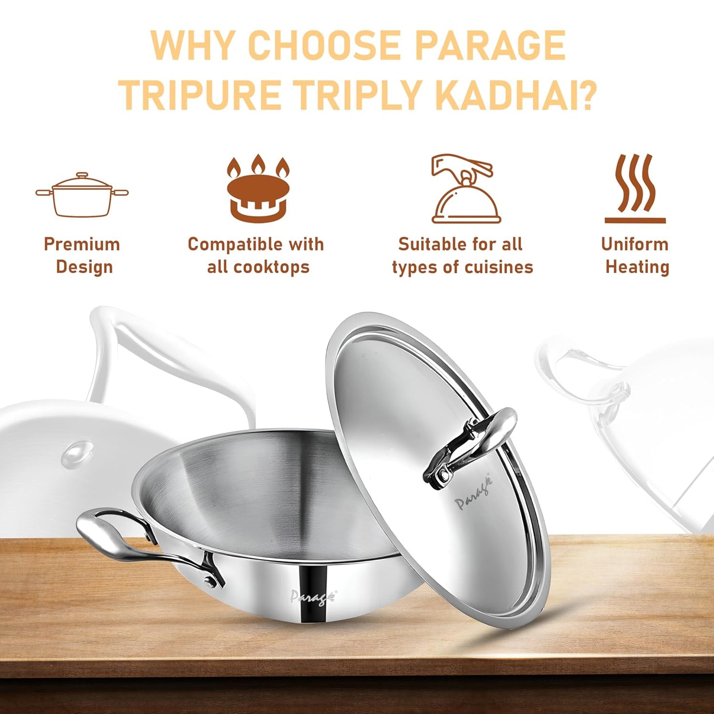 Tripure Triply Stainless Steel Kadai with Lid 24 cm, 2.6 Litre | Heavy Bottom Kadhai for Deep Frying & Cooking | Induction & Gas Stove Compatible (5 Years Warranty)