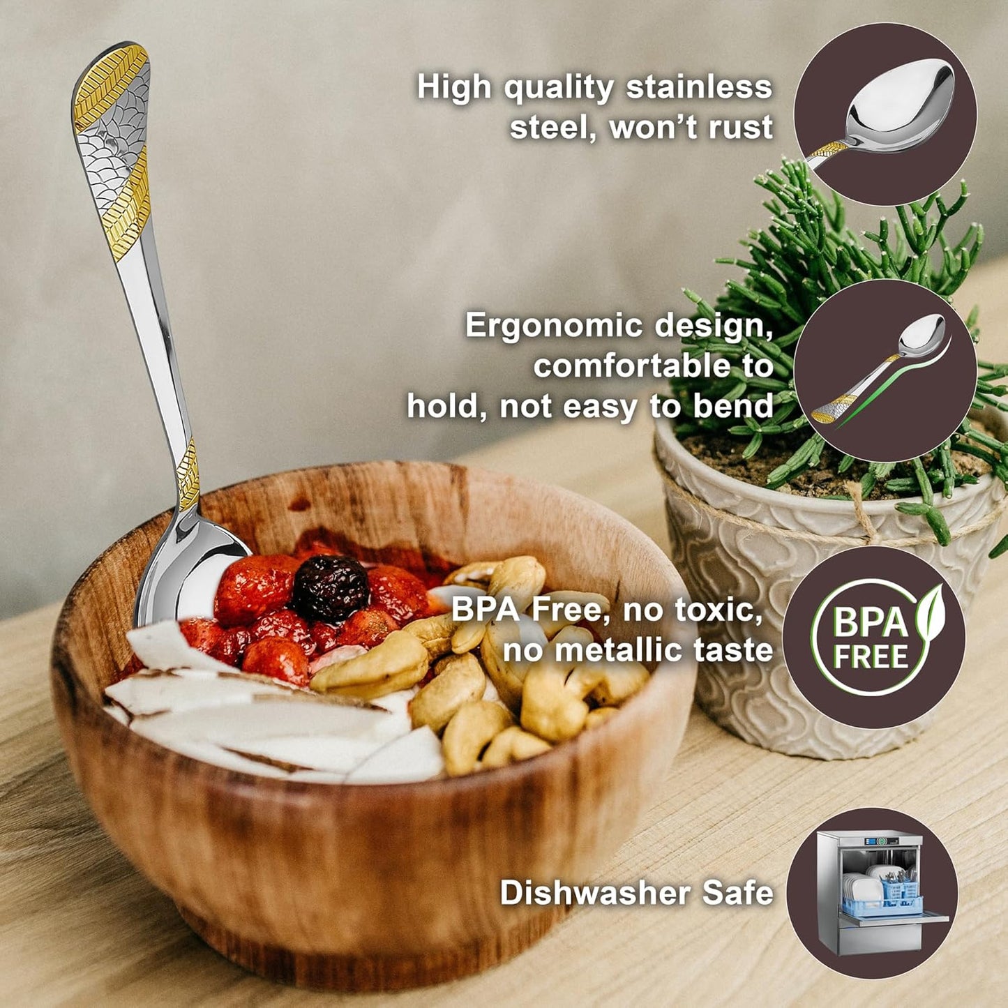 6 Pcs Stainless Steel 24K Gold Spoon Set – 16cm, Premium Spoons for Home & Kitchen, Luxury Tableware, Housewarming Gift, Imperial Design