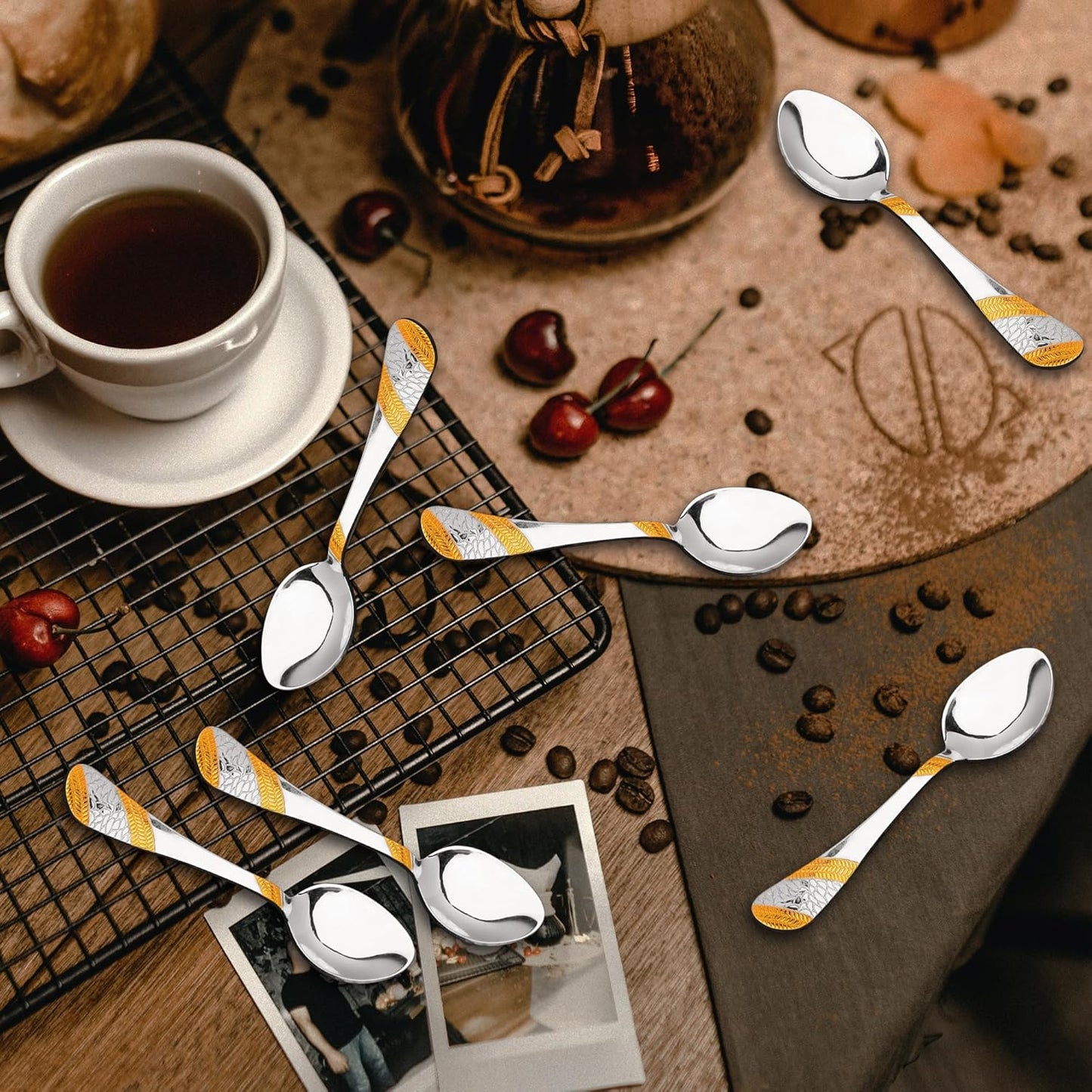 6 Pcs Stainless Steel 24K Gold Tea Spoon Set – 13.5cm, Premium Small Spoons for Home & Kitchen, Luxury Tableware, Housewarming Gift, Imperial Design