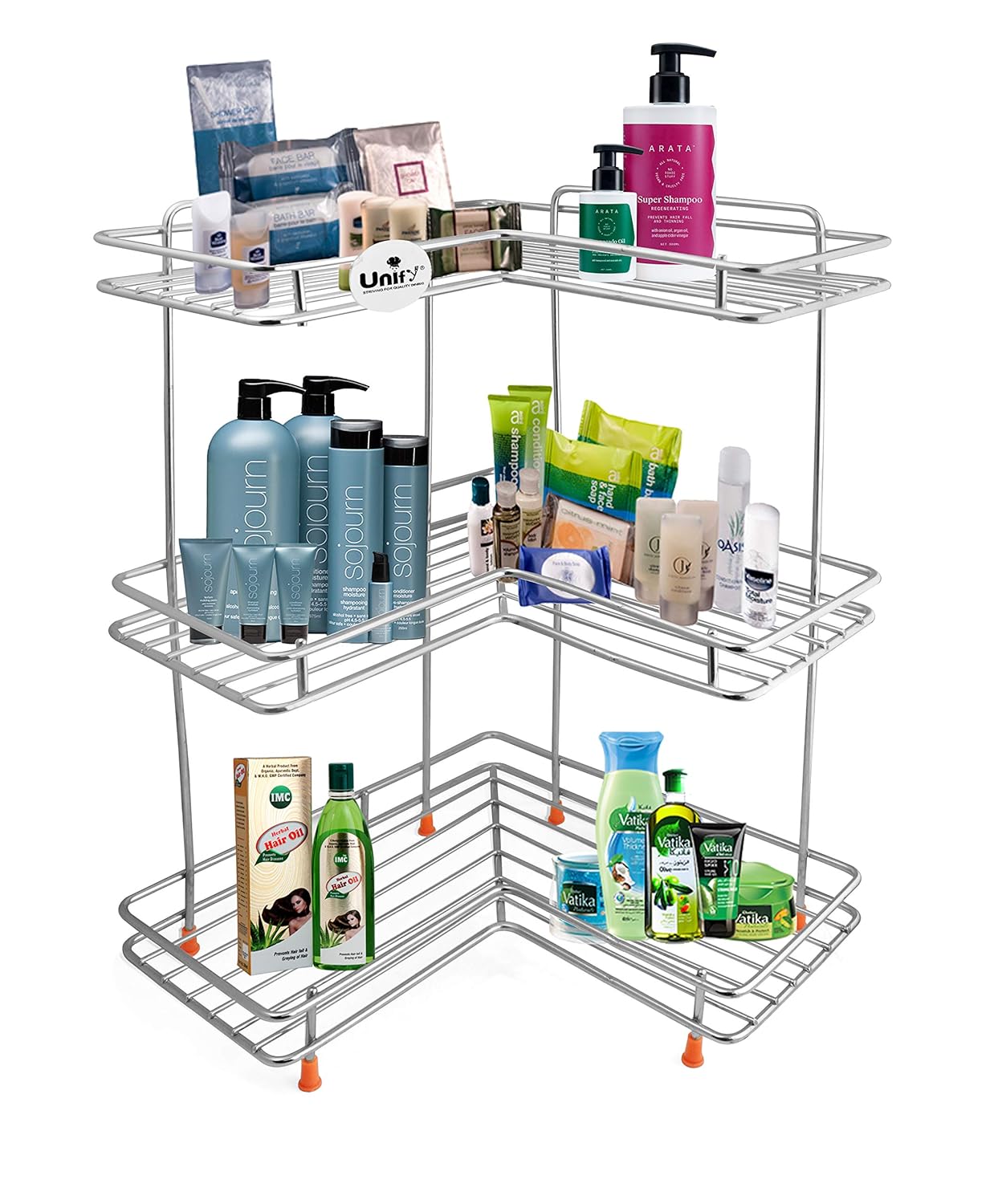 3-Tier Stainless Steel L-Corner Shelf Rack – Multipurpose Organizer for Kitchen & Bathroom, 31×31×46 cm, Chrome Finish, Silver