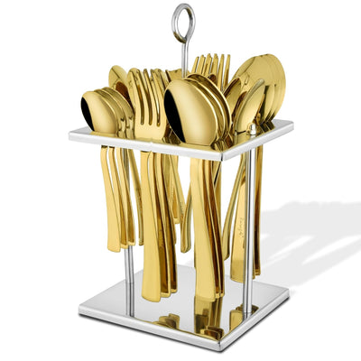 25 Pieces PVD Gold Luxury Stainless Steel Sapphire Golden Cutlery Set – Includes 6 Tea Spoons, 6 Dinner Spoons, 6 Table Forks, 6 Table Spoons, 1 Stand, Perfect for Home & Gifting