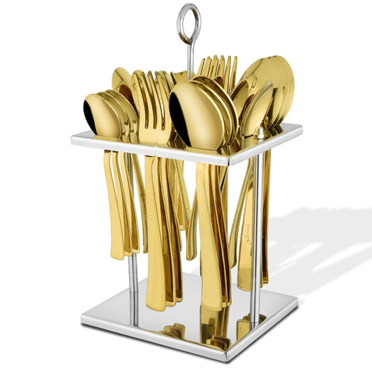 25 Pieces PVD Gold Luxury Stainless Steel Sapphire Golden Cutlery Set – Includes 6 Tea Spoons, 6 Dinner Spoons, 6 Table Forks, 6 Table Spoons, 1 Stand, Perfect for Home & Gifting