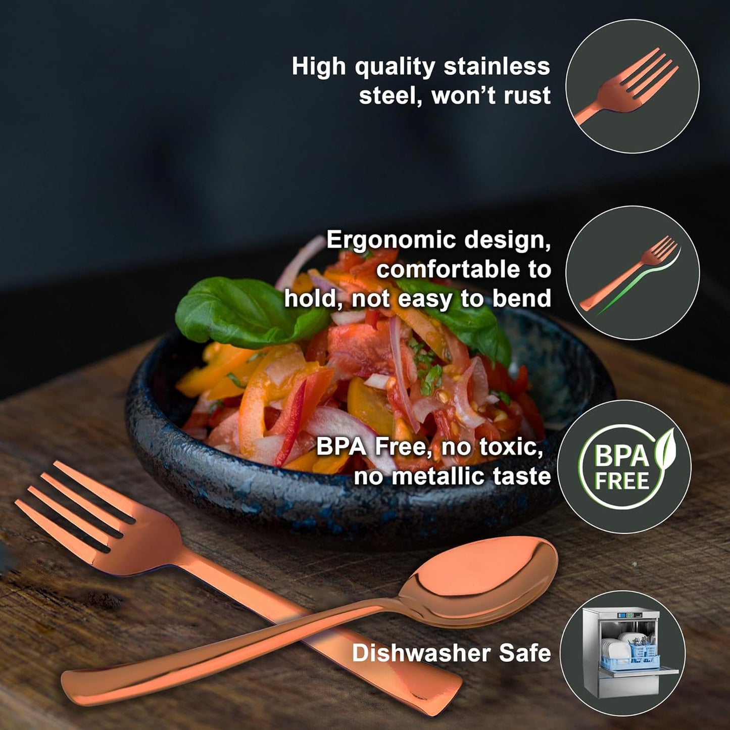 12pc Stainless Steel Rose Gold Cutlery | 19cm Spoons & Forks | Dining