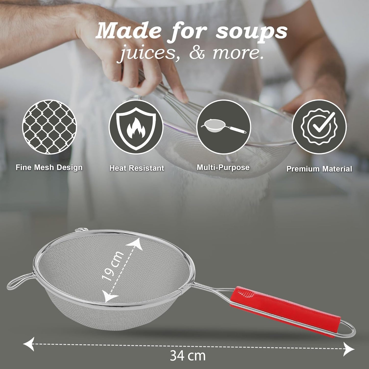 Stainless Steel Soup & Juice Strainer, 18.5 cm Kitchen Liquid Filter – Large Soup Chalni with Red Handle for Rice & Juice, Set of 1