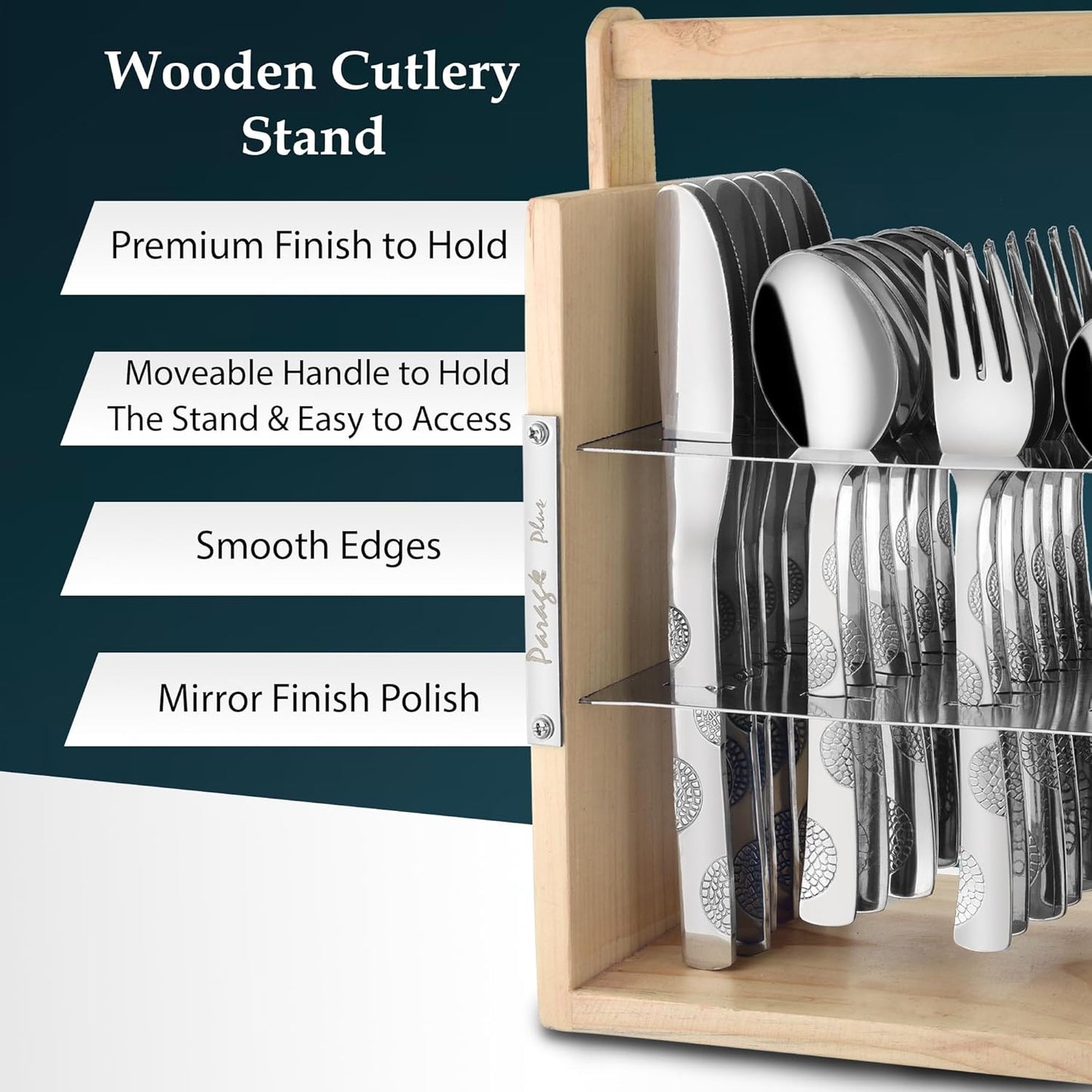 25 Pieces Stainless Steel Moonpress Cutlery Set with Wooden Hanging Stand – Includes 6 Tea Spoons, 6 Table Spoons, 6 Table Forks, 6 Knives, Stylish Dining Set