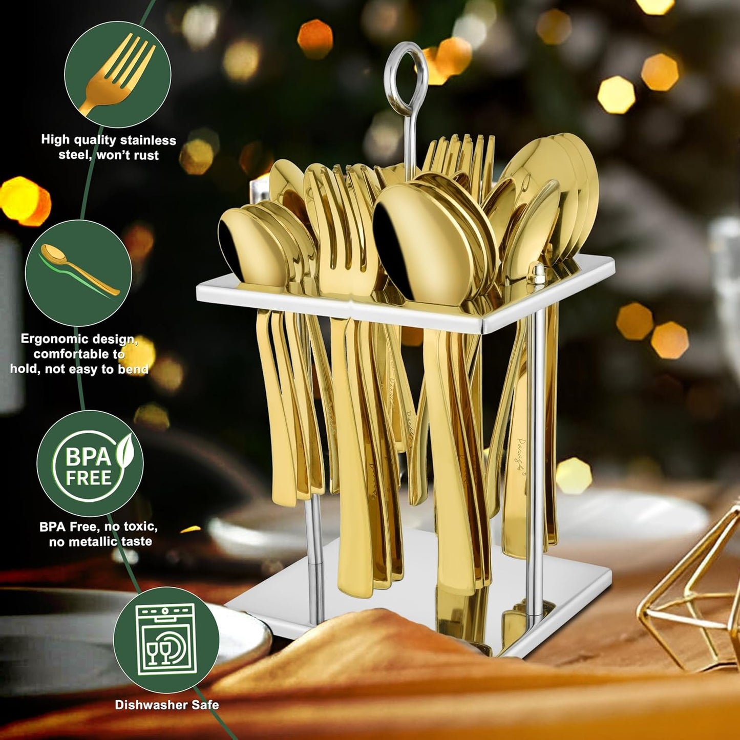25 Pieces PVD Gold Luxury Stainless Steel Sapphire Golden Cutlery Set – Includes 6 Tea Spoons, 6 Dinner Spoons, 6 Table Forks, 6 Table Spoons, 1 Stand, Perfect for Home & Gifting