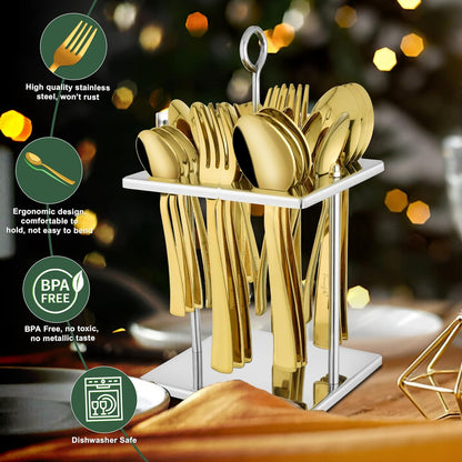 25 Pieces PVD Gold Luxury Stainless Steel Sapphire Golden Cutlery Set – Includes 6 Tea Spoons, 6 Dinner Spoons, 6 Table Forks, 6 Table Spoons, 1 Stand, Perfect for Home & Gifting