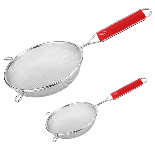 2 Pieces Stainless Steel Soup & Juice Strainer Set, 11 cm & 16 cm Kitchen Liquid Filters – Large Soup Chalni with Red Handle for Rice & Juice