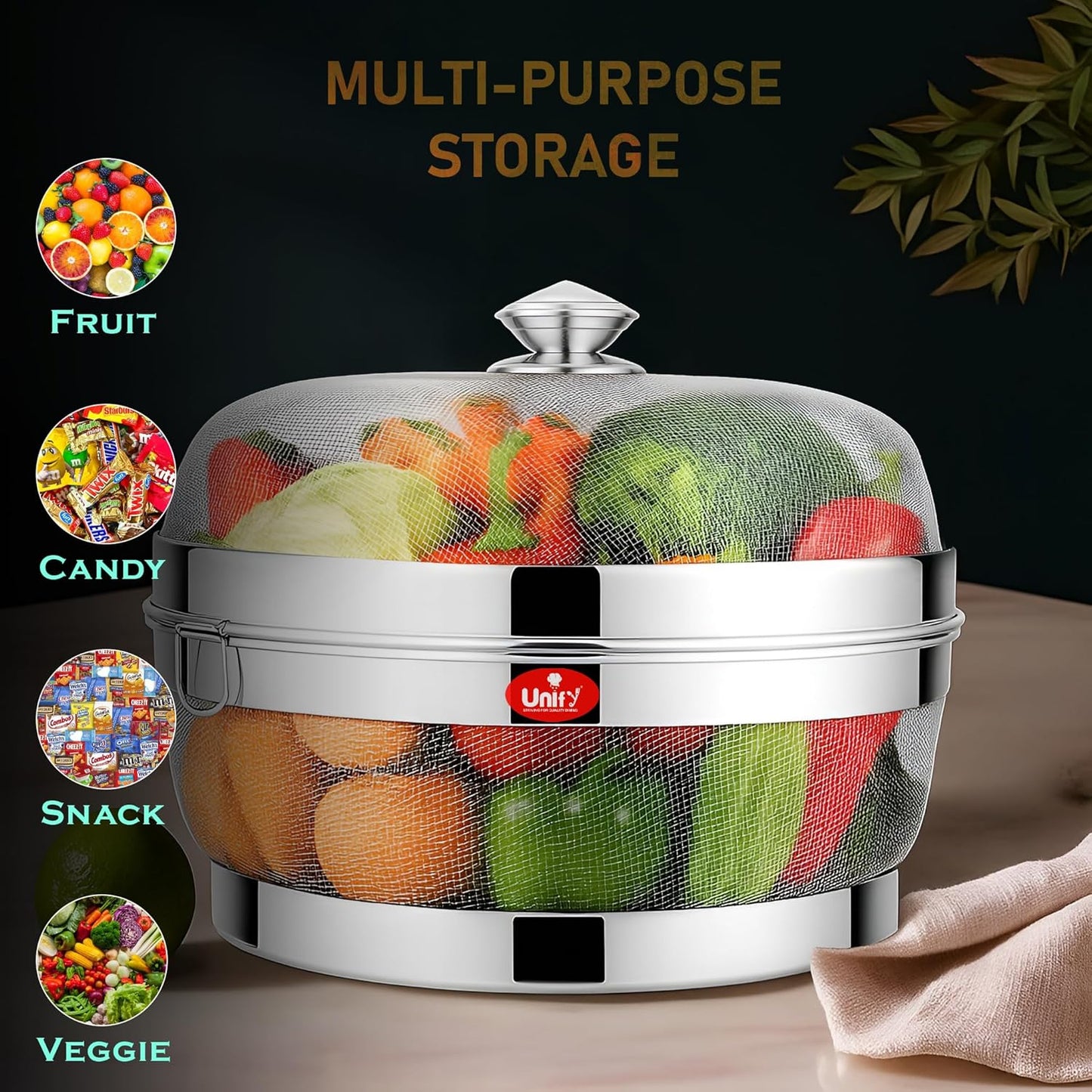12-Inch Stainless Steel Mesh Fruit Basket with Lid – Fly & Mosquito Proof, Silver