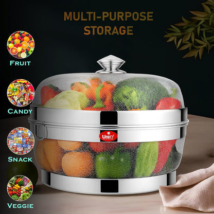 12-Inch Stainless Steel Mesh Fruit Basket with Lid – Fly & Mosquito Proof, Silver